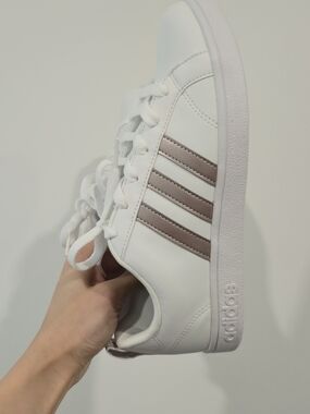 Adidas White Sneakers with Blush Stripes